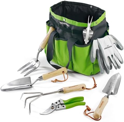WORKPRO Juego de Herramientas para Jardín 8PC, Juego de Herramientas Jardinería de Acero Inoxidable, con Mango de Madera, Bolsa de Jardín