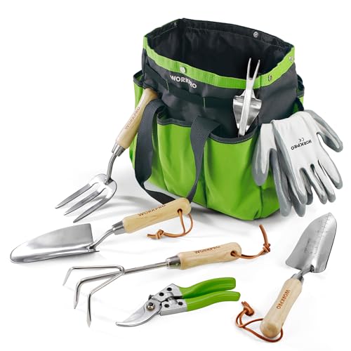 WORKPRO Gartenwerkzeug Set, 7 in 1 Gartengeräte aus rostfrei Edelstahl mit Holzgriff, Werkzeugbeutel inkl.