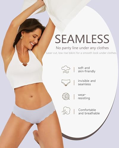 Image of FINETOO 6 pack Seamless Underwear for Women Sexy Low Rise Hipster Wave Edge No Show Bikini Panties Womens Cheeky S-XL