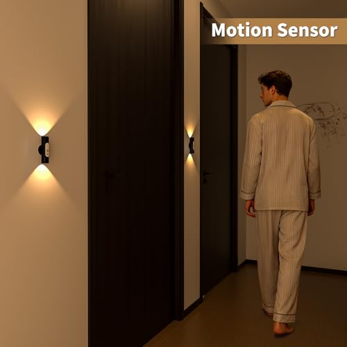 WOBSION Motion Sensor Wall Light with Remote Control, Rechargeable Wireless Wall Sconce, Brightness Adjustable, 3 Color Mode,Indoor Lamp for Hallway, Bedroom,Picture,LED,Black,2 Pack by WOBSION - Image 2