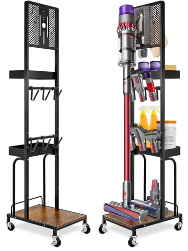Image of Haturi Vacuum Stand for Dyson V15 Gen5 V16 V12 V11 V10 V8 V7, Cordless Vacuum Accessory Holder with Wheels & Pegboard, Heavy Duty Metal Floor Storage Bracket Organizer with 2 Baskets, Black
