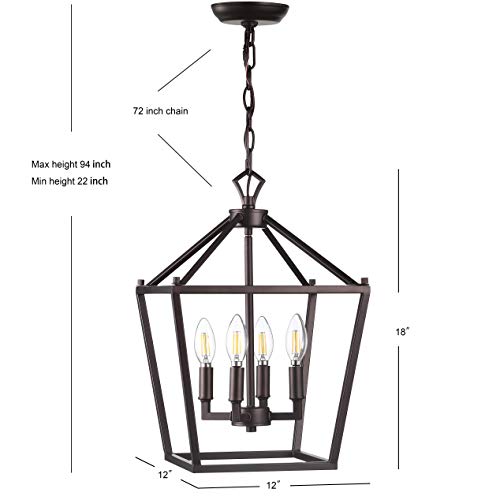 Image of JONATHAN Y Pagoda 4-Light Pendant 12 inch Cage, Oil Rubbed Bronze | Traditional Metal Farmhouse Hanging Lantern Ceiling Fixture, Adjustable Chain Link, For Kitchen Island, LED Bulb Included