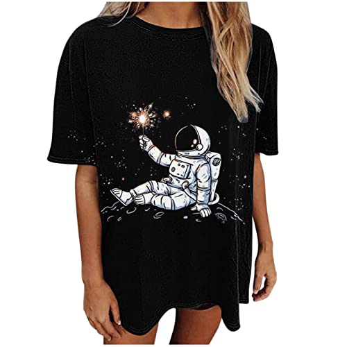 Astronomy Stars Sun Moon Astronaut Planets Galaxy Space Outer T-Shirts Women Vintage Short Sleeve Oversized Tee Shirt #TOP29