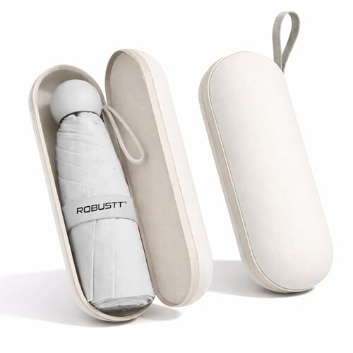 Image of Robustt Capsule Mini Foldable Travel Umbrella | Beige | UPF 50+ UV & Rain Protection | 3 Fold Compact | for Women, Men & Kids | Windproof, Waterproof, Pocket-Size with Storage Case