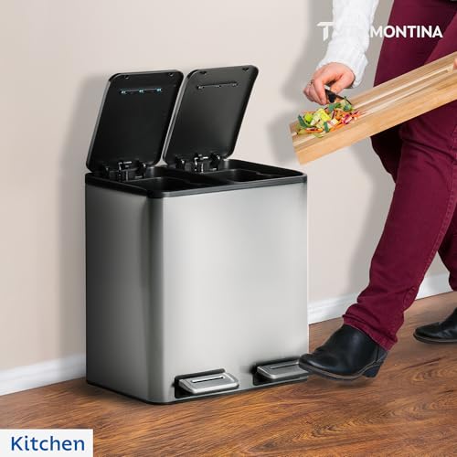 Image of TRAMONTINA 2-in-1 Dual Compartment Dustbin 16L (8L+8L) | Stainless Steel Wet & Dry Trash Can | Soft-Close | Removable Inner Buckets | Anti-Fingerprint | Rectangle Bin