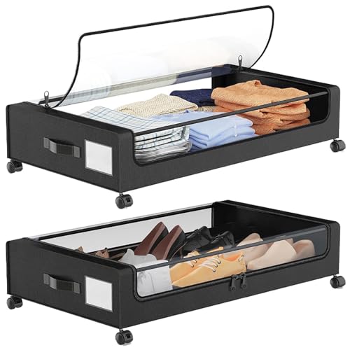 Contenitore sottoletto con Ruote, 2 Confezioni di contenitori Metallici sottoletto, Finestra in PVC, cassetti per Divano per Vestiti, Scarpe, Coperte,Nero