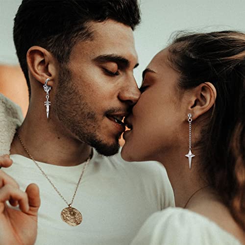 Jstyle 24Pcs Dangle Earrings For Men Stainless Steel Mens Hoop Earrings Cross Dangle Earrings Set Long Chain Stud Dangling Huggie Earrings For Men Women Silver Tone #TOP2