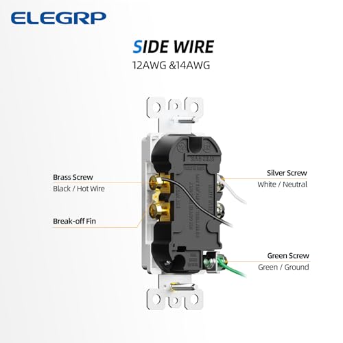 ELEGRP Glossy White Decorator Electrical Wall Outlet Receptacle, 20A 125V Standard Outlets, 2 Pole 3 Wire, Non-Tamper Resistant, NEMA 5-20R, Self-Grounding, Wall Plate Included, UL Listed, 10 Pack by ELEGRP - Image 5