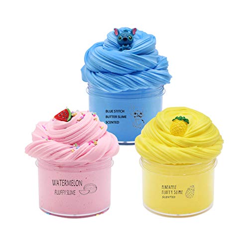 Dongshop 3 Pack Butter Slime Kit with Stich Blue Slime Watermelon Slime and Pineapple Slime Super Soft Non Sticky Scented Stress Relief Slime DIY Sludge Toy Gift for Girls Boys Kids Adults