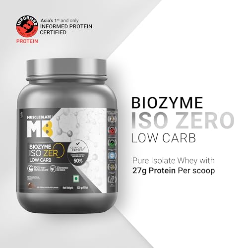 Image of MuscleBlaze Biozyme Iso-Zero Whey Protein Isolate Powder, 500g (1.1lbs) | Ice Cream Chocolate | 27g Whey Protein Per Scoop | USA Patent-Published Enhanced Absorption Formula (EAF)