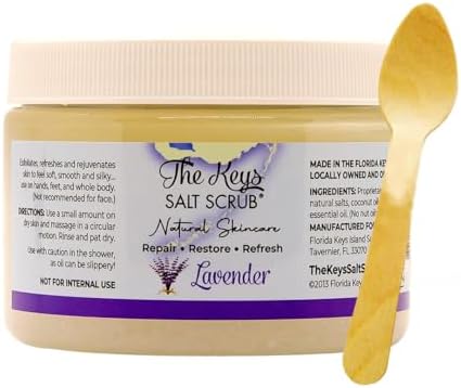 The Keys Salt Scrub -Sea Salt Scrub - Exfoliating Body Scrub with Wooden Spoon - Moisturizing Exfoliator for Hands, Foot, Bath, (12 Ounce (Pack of 1), Lavender)