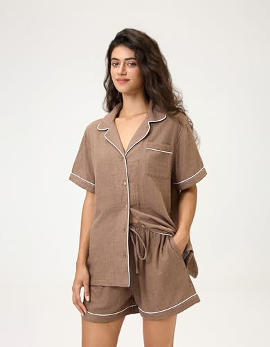Image of BESTOUCH Womens Pajama Sets: 100% Cotton Muslin Linen Feel | Button Soft Comfy Breathable Classic Sleep Pjs 2 Piece