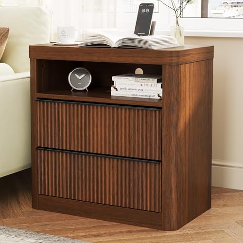 Image of Night Stand,Fluted Nightstands with Drawer Storage Bedside Table Large Modern Nightstand with USB Port and Outlet, Mid Century Nightstand for Bedroom,Sofa Table(Walnut)