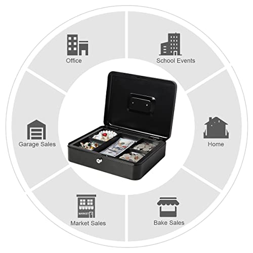 Jssmst Large Cash Box with Key Lock - Durable Metal Cash Box with Money Tray, 11.81 x 9.84 x 3.46 inches (X-Large, Black)