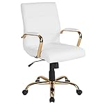 Flash Furniture Whitney Mid-Back Swivel LeatherSoft Desk Chair with Padded Seat and Armrests, Adjustable Height Padded Office Chair, White/Gold