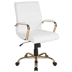 Flash Furniture Whitney Mid-Back Swivel LeatherSoft Desk Chair with Padded Seat and Armrests, Adjustable Height Padded Office Chair, White/Gold