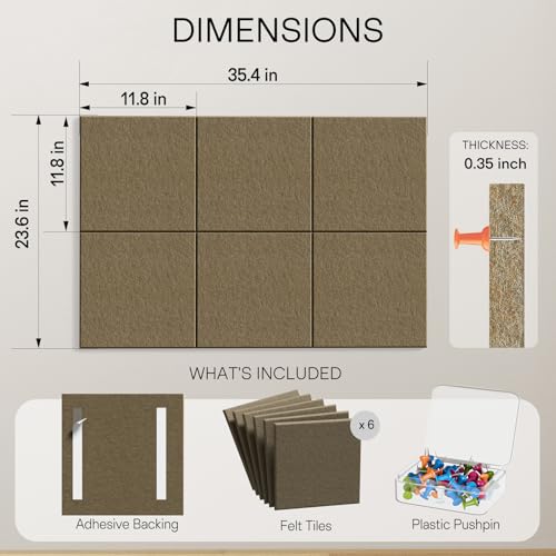 Image of MaxGear Felt Bulletin Board 36 inch x 24 inch, Espresso Felt Wall Tiles Push Pins