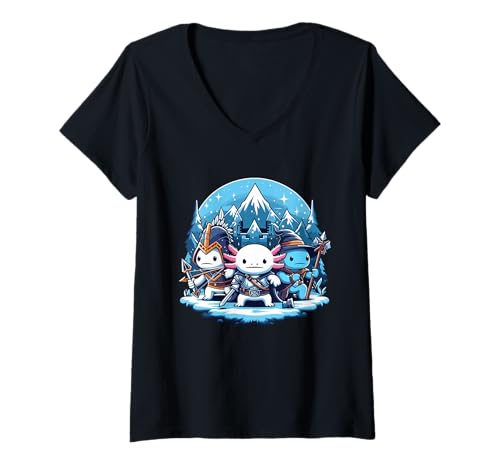 Mujer Lindo Kawaii Axolotl Divertido RPG Juego de Fantasía Mascota Amante Dragón Camiseta Cuello V