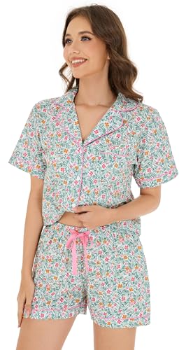 Image of LUBOT 100% Cotton Pajamas for Women 2 Piece PJ Set Poplin Woven Lightweight Ladies Button Short Sleeve Sleepwear S-XXL
