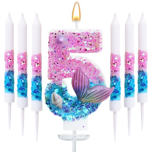 Mermaid Number 5 Birthday Candle Set, with and 6 Matching Candles, Pink Blue Ocean Theme Cake Topper for Mermaid Birthday Party Decoration (Number 5)