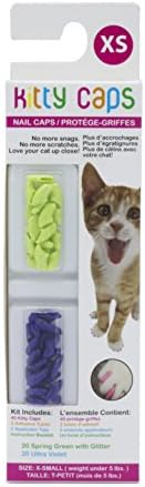 Kitty Caps Nail Caps for Cats | Safe, Stylish & Humane Alternative to Declawing | Stops Snags and Scratches, X-Small (Under 5 lbs), Spring Green with Glitter & Ultra Violet