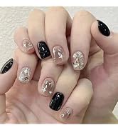 Square Press on Nails Short Fake Nails Rhinestone with Star and Glitter Design Black False Nails ...