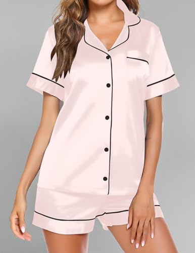 Image of Ekouaer Pajamas for Women Set Silk Satin Pjs Button Down Sleepwear Summer Loungewear Top and Shorts Lounge Set S-XXL