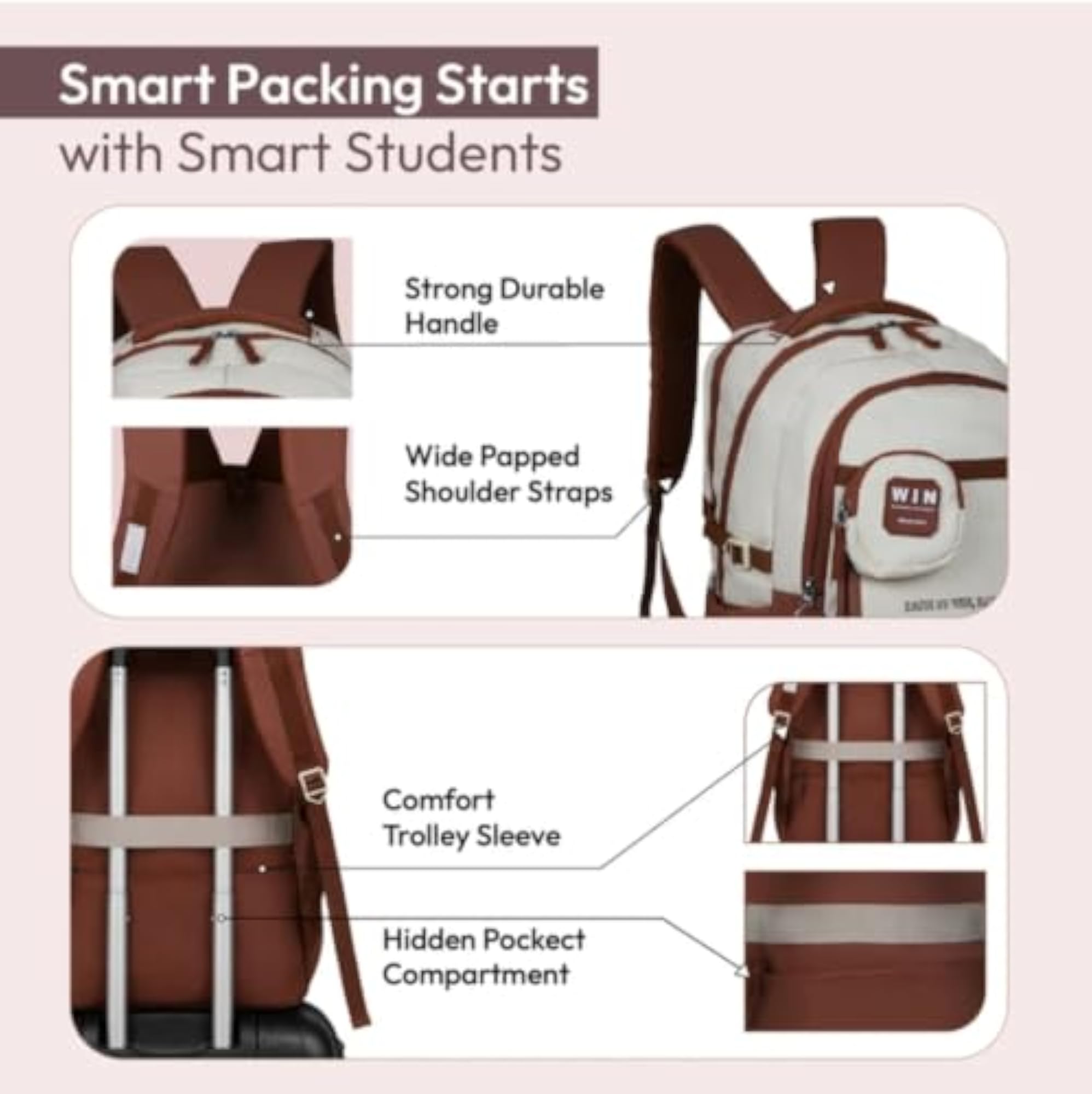 Casual Backpack with Mini Pouch, Brown and Beige