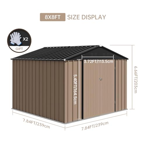 7.5 x 8.5 Ft Outdoor Storage Shed with Updated Frame Structure & Lockable Door, Waterproof Practical Garden Patio Lawn Poolside Metal Tool Shed Designed for Organization & Storage, Brown