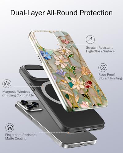 Image of Goodon for iPhone 13 Pro Case Cute,Aesthetic Vintage Mosaic Stained Glass Shell Design,Glossy Floral Pattern,MagSafe Compatible,Preppy Trendy Y2K Protective Silicone Phone Cover for Women Girls