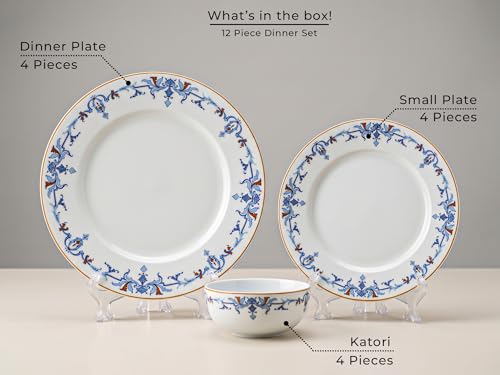 Image of Bodhi House Premium Porcelain Dinner Set 12 Pieces Serving for 4 | Royal Crest Design | Microwave & Dishwasher Safe | Crockery Set | Dinnerware Set for Home, Dining, Kitchen & Gifting