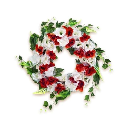 16 Inch Summer Wreath for Front Door - Red White Artificial Rose Wreath with Ferns & Greenery, Farmhouse All-Season UV Resistant Silk Wreath, Rustic Welcome Decor for Porch, Wall, Patio, Fireplace