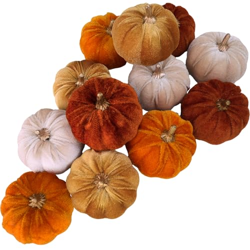 Image of Winlyn Set of 12 Small Faux Fall Harvest Velvet Pumpkins Decorative Fabric Foam Pumpkins in Rust Orange Champagne Gold 3 inch for Autumn Farmhouse Wedding Halloween Thanksgiving Table Centerpiece Decor