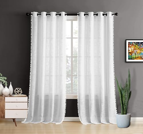 Image of THE LINEN COMPANY Cotton Sheer Grommet Curtains with Side Border Pompom Sheer Curtain for Long Door Linen Textured, Light Filtering, Pack of 2 (White, 9 Feet)