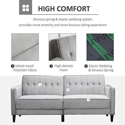 Homcom Convertible Sleeper Sofa, Futon Sofa Bed With Split Back Design Recline, Thick Padded Velvet-Touch Cushion Seating And Wood Legs, Light Grey #TOP5