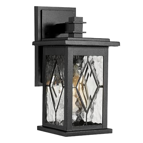 Emliviar Farmhouse Outdoor Porch Light, 1-Light Patio Wall Fixture With Water Grain Glass Shade, Black Finish, 1803EW1-SD BK