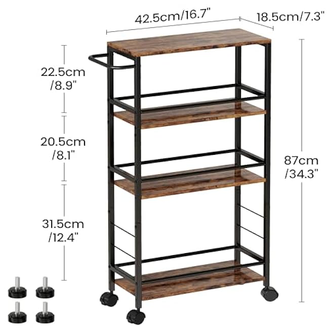 Narrow Storage Cart with Wheels, 4-Tier Narrow Kitchen Carts Slim Rolling Cart, Skinny Storage Cart, Snack Cart Slim Laundry Carts with Handle for Livingroom, Diningroom, Office£¨Rustic Brown, Black£©-p44Wi3hr