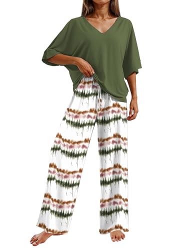 Image of Ekouaer Pajama Sets for Women 2 Piece Lounge Set Short Sleeve Tops and Long Pants Soft Comfy Pjs Sleepwear Outfits S-XXL