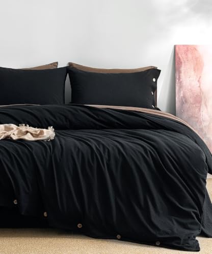 Image of JELLYMONI 100% Washed Cotton Black Duvet Cover Cal King, Linen-Like | OEKO-TEX Certified, Soft, Breathable Percale Bedding with Natural Wrinkle Texture, Button Closure, 3-Piece Set, 104 inchx98 inch
