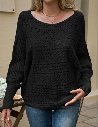 Womens Off Shoulder Sweater, Fall Fashion Oversized Knit Tops 2025, Casual Crochet Batwing Pullover Sweaters3