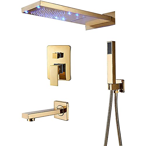 Mitigeur de douche en laiton doré anti-calcaire avec pommeau LED effet pluie et cascade