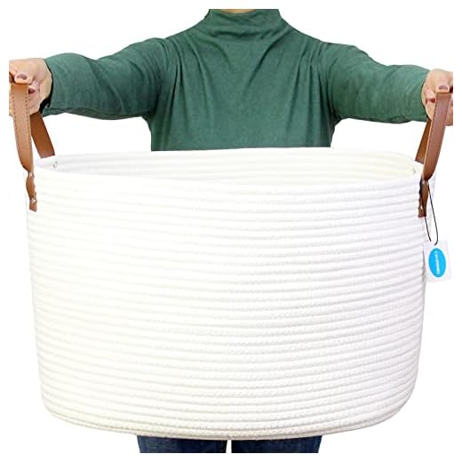 Casaphoria XXLarge Cotton Rope Basket for Living Room - Woven Storage Basket with long Handle for Blankets, Towels and Pillows Laundry Hamper | Cream (17.5" x 15" x 11.5")