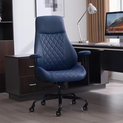 Image of E-Motie Office Chair with Rubber Wheels, Ergonomic Computer Chair 500 lbs, Leather Desk Chair with Lumbar Support, Executive Chair Adjustable Height & Recline, Blue