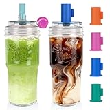 ANOTION 2pc Glass Tumbler with Lids and Straws, Leakproof 24oz Mason Jar Cups, Cap Cup Leak-Proof, Self-Assembly Silicone Straw, Reusable Iced Coffee Smoothie Matcha Cup Aesthetic Coffee Gifts Women