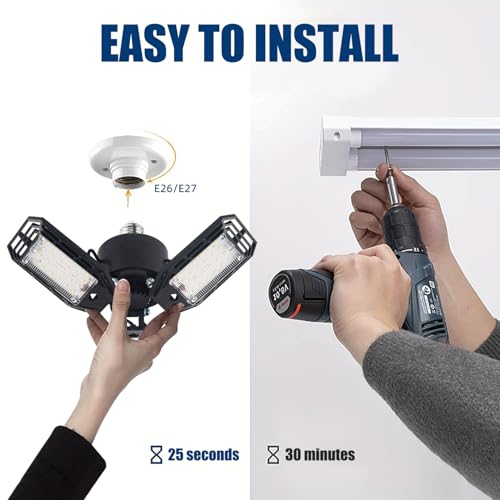 Luces de techo LED para garaje E27 pack de 2 bombillas de 3 paneles ajustables para sótano 2