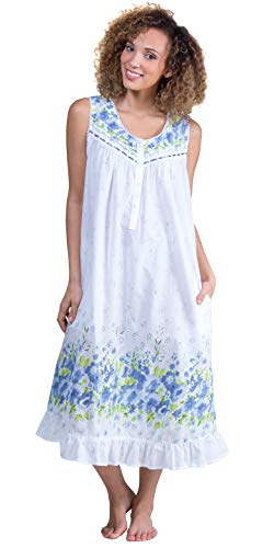 La Cera Nightgown - Sleeveless Long Cotton Lawn Gown - Wildflower Bleu (Large (14-16), White/Blue) #TOP10