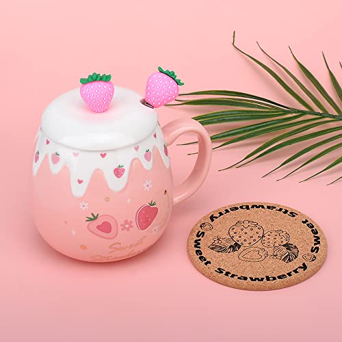 Pink Mug,Cute Strawberry Cup with Lid,Spoon and Coaster,Ceramic Coffee Mug, Kawaii Cup for Tea Milk,Women Girls Student Korean Style 450ML Christmas Birthday Gift