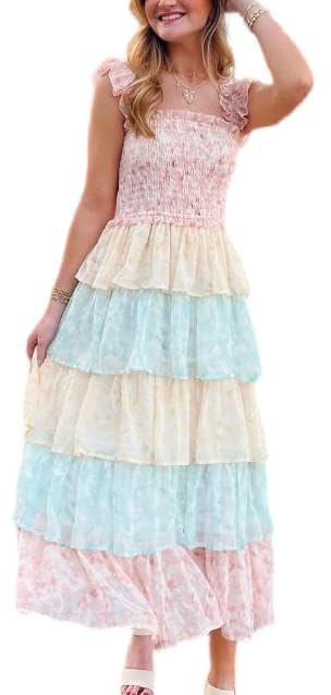 Image of Y2k Patchwork Floral Maxi Dress Boho Flowy Ruffle Tiered Summer Dress Cute Beach Smocked Long Sundresses for Women