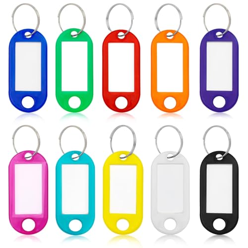 MOMENT 50 Pcs Key Tags Key Labels Tough Plastic Key Tags with Split Ring Label Window Key Chain ID Tags with Container for Luggage Backpacks Key Name Bags(Multi Colors)