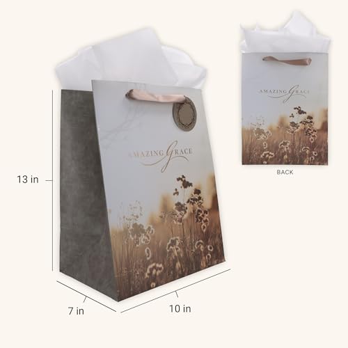 Image of Christian Art Gifts Large Gift Bag with Tissue Paper, Amazing Grace, Taupe
